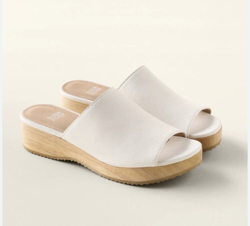 Eileen Fisher Novel Leather Wedge Slide Sandals Ivory Cream Women’s 6.5M